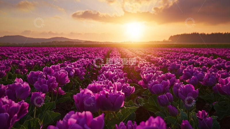 高清大图下载【趣麦麦图】日落时分的紫色郁金香花田