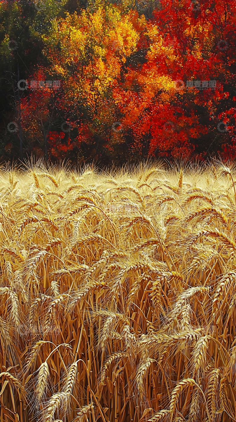 高清大图下载【趣麦麦图】秋日麦田与红叶树林