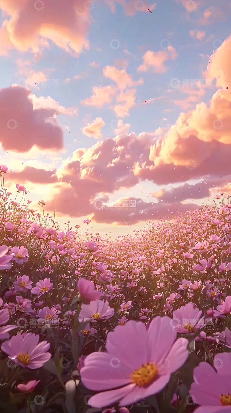 高清大图下载【趣麦麦图】粉色花海落日晚霞