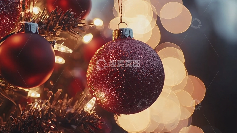 高清大图下载【趣麦麦图】圣诞树上的红色球状装饰