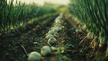 田间种植的大蒜特写