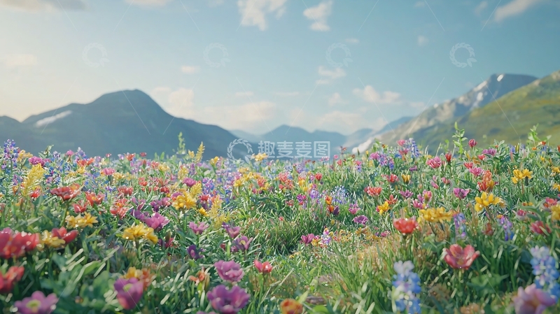 高清大图下载【趣麦麦图】山间彩色野花盛开的田野