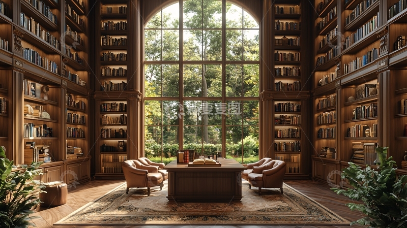 高清大图下载【趣麦麦图】豪华复古图书馆与自然景色