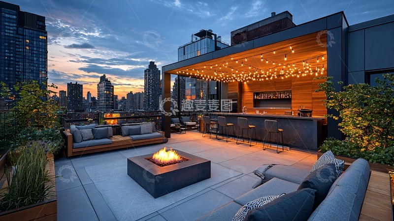 高清大图下载【趣麦麦图】城市天台夜景休闲放松