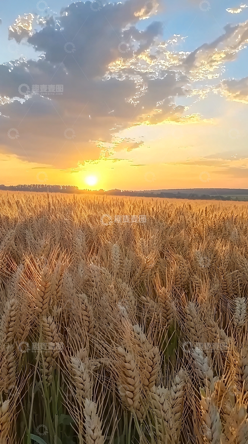 高清大图下载【趣麦麦图】金黄麦田日落景色