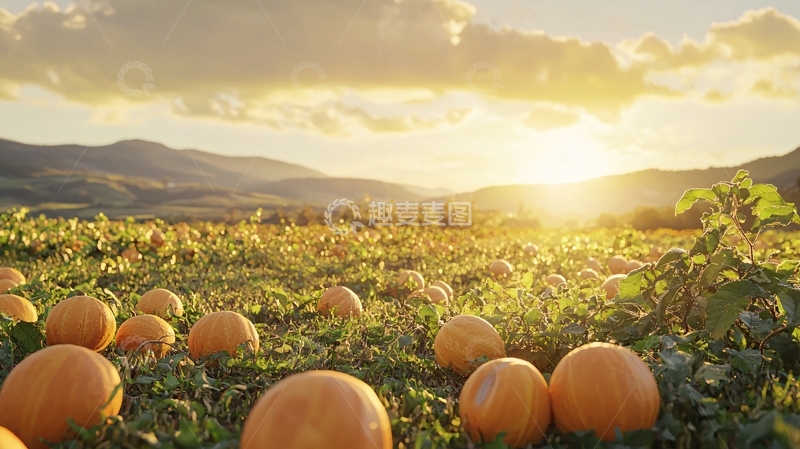 高清大图下载【趣麦麦图】夕阳下金黄南瓜田