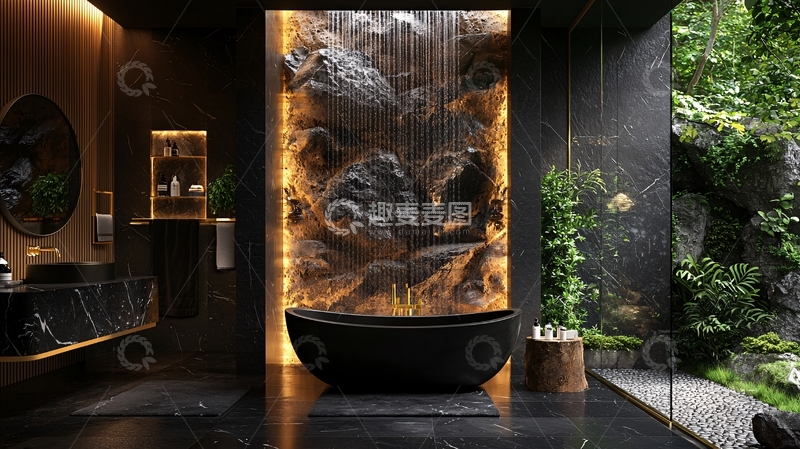 高清大图下载【趣麦麦图】豪华黑色岩石瀑布浴室