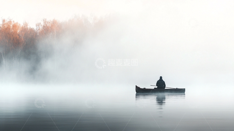 高清大图下载【趣麦麦图】雾中独木舟