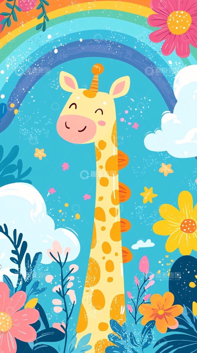 高清大图下载【趣麦麦图】卡通长颈鹿彩虹花朵