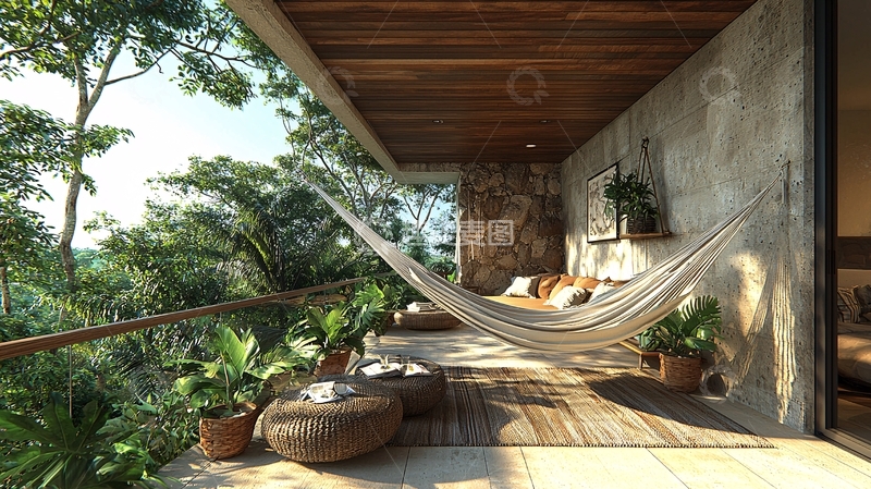 高清大图下载【趣麦麦图】林间阳台吊床休闲