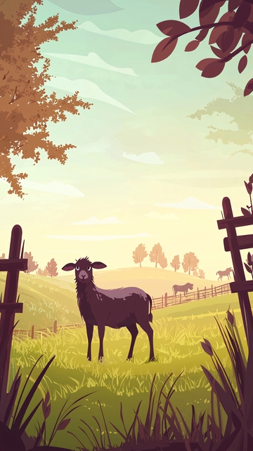 田园风光黑羊插画