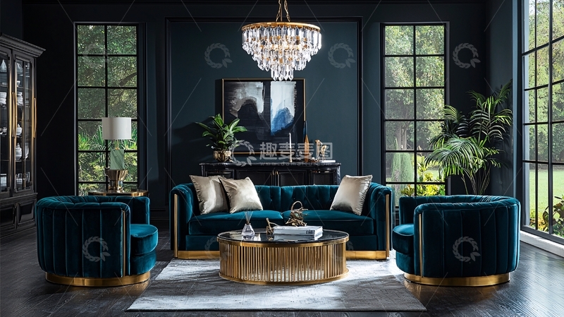 高清大图下载【趣麦麦图】深蓝色丝绒沙发客厅