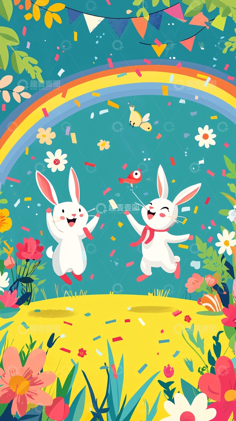 高清大图下载【趣麦麦图】彩虹下欢庆的兔子