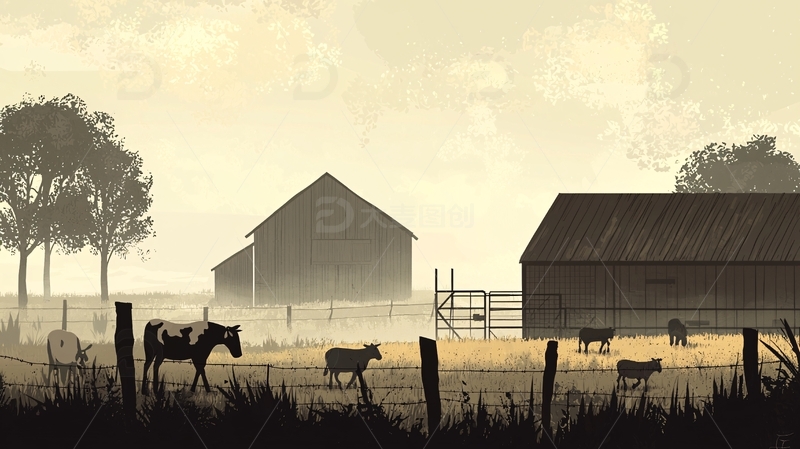 高清大图下载【趣麦麦图】雾蒙蒙的农场风景画