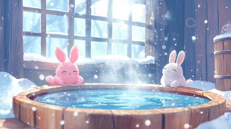 高清大图下载【趣麦麦图】冬日温泉里两只可爱兔子
