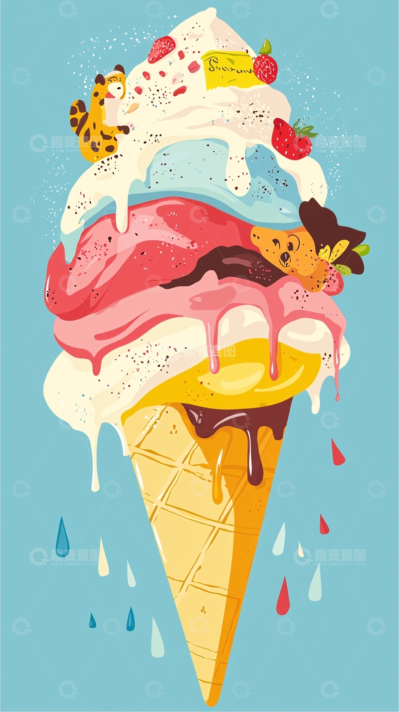 高清大图下载【趣麦麦图】卡通动物冰淇淋甜筒