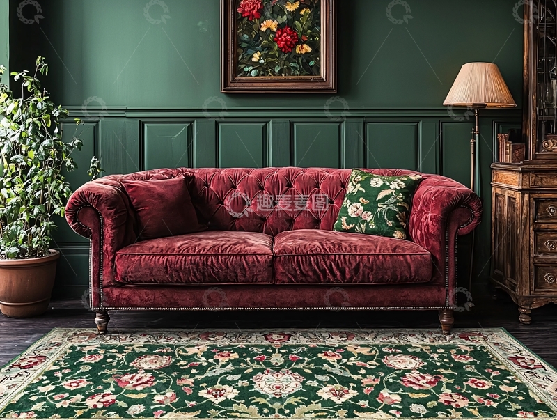 高清大图下载【趣麦麦图】红色沙发绿色背景墙的客厅