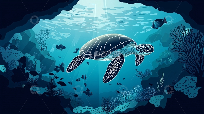 高清大图下载【趣麦麦图】海龟在珊瑚礁洞穴中游泳