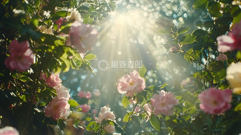 高清大图下载【趣麦麦图】阳光透过玫瑰花丛