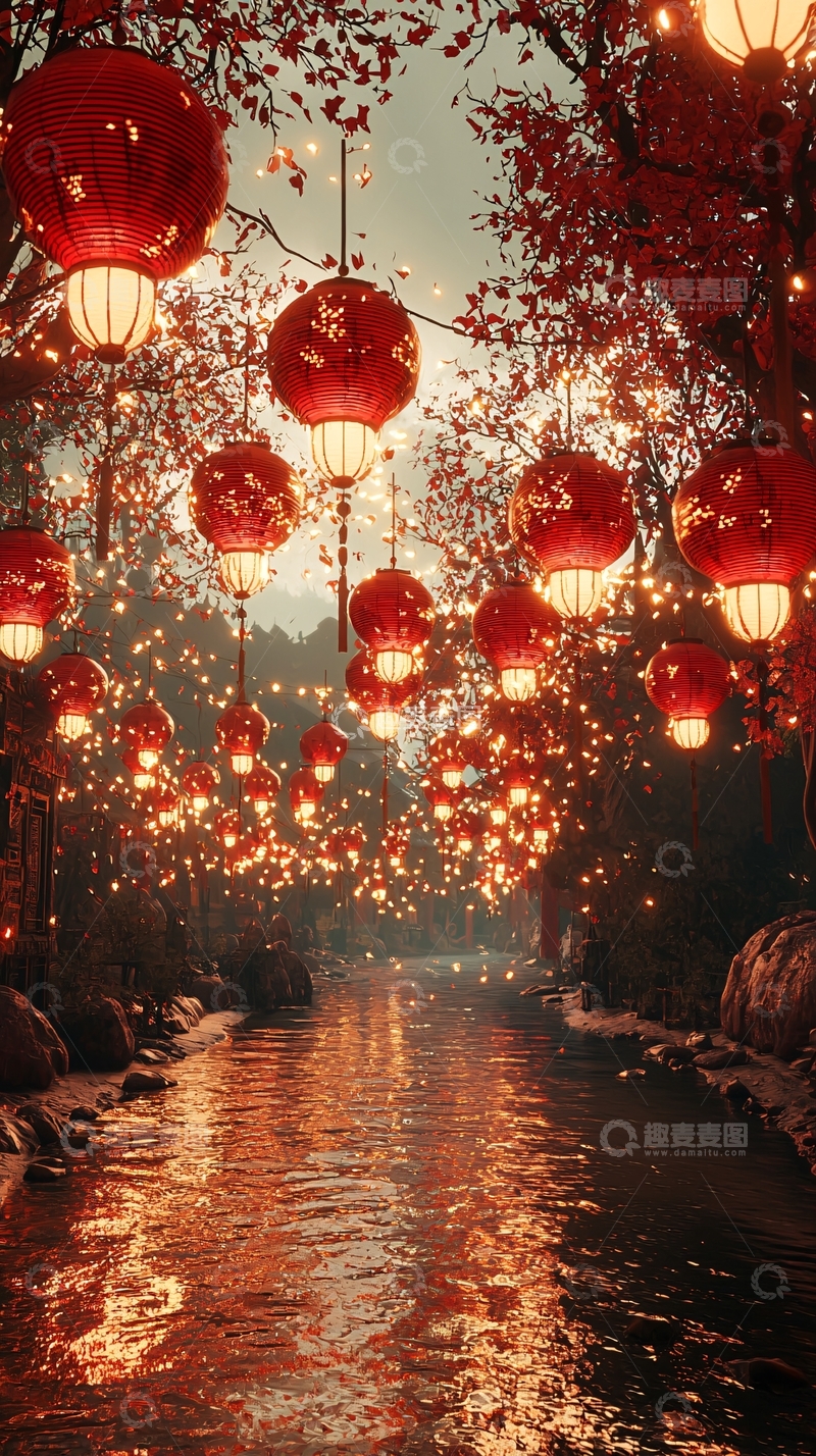 高清大图下载【趣麦麦图】中国风灯笼小河