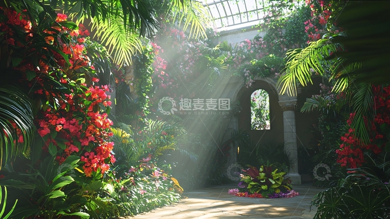 高清大图下载【趣麦麦图】阳光透过植物洒落在花园小径