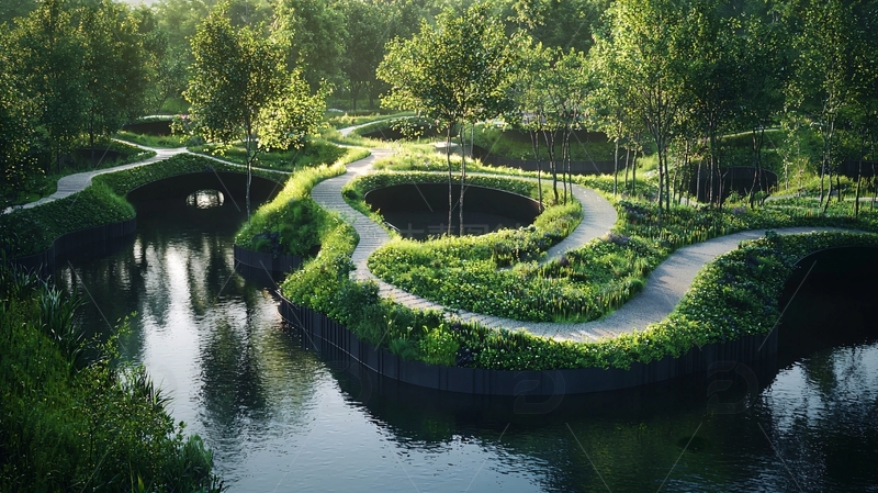 高清大图下载【趣麦麦图】绿色蜿蜒小路环绕水景