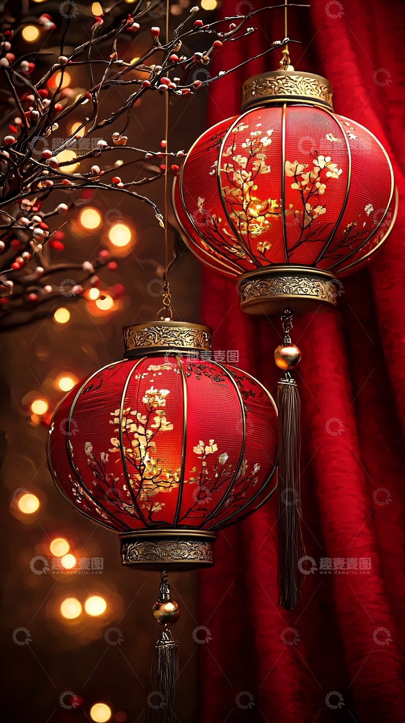 高清大图下载【趣麦麦图】红色灯笼梅花点缀