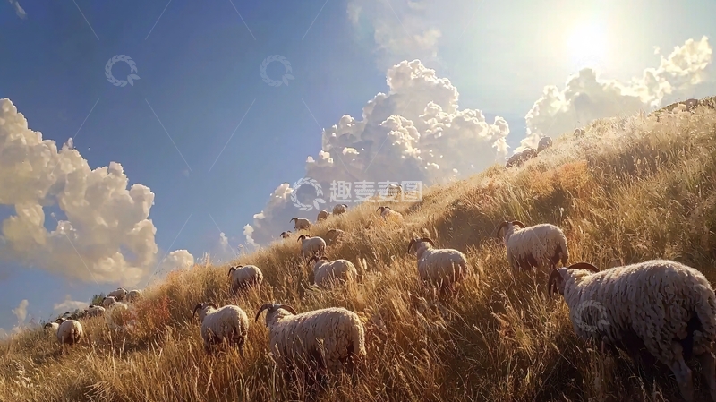 高清大图下载【趣麦麦图】阳光下绵羊群在山坡上吃草