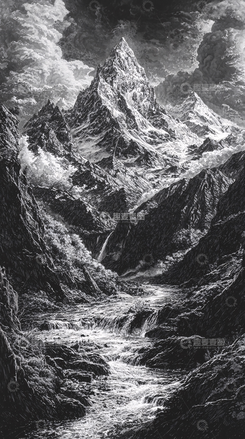 高清大图下载【趣麦麦图】黑白山峰河流图