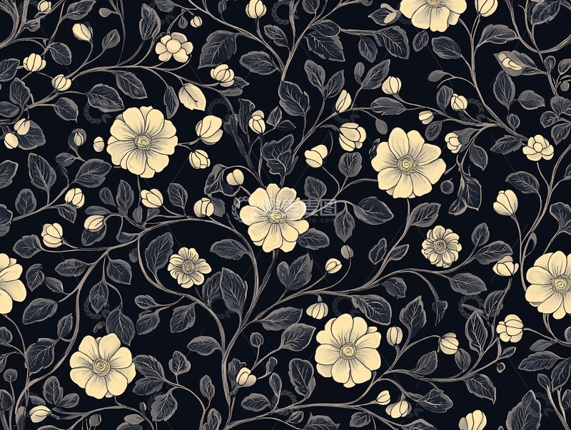 高清大图下载【趣麦麦图】米色花朵深色背景蔓藤花纹
