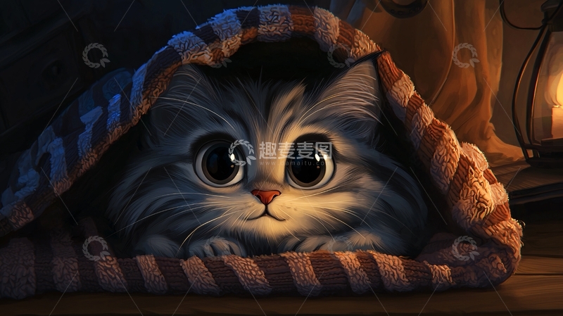 高清大图下载【趣麦麦图】毛茸茸猫咪温暖的夜晚