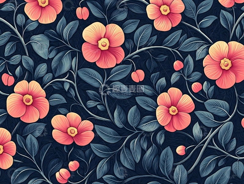 高清大图下载【趣麦麦图】粉色花朵蓝色叶子背景