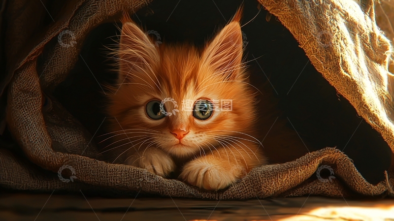 高清大图下载【趣麦麦图】橘色小猫躲在布里