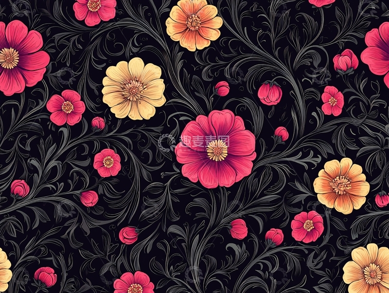 高清大图下载【趣麦麦图】鲜艳花朵的黑色复古背景