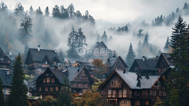 高清大图下载【趣麦麦图】雾气笼罩下的山村