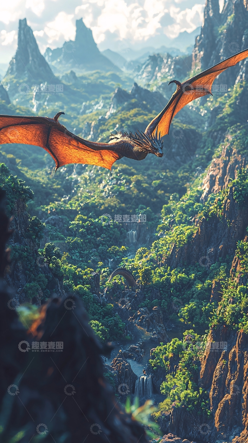 高清大图下载【趣麦麦图】飞龙翱翔于山谷之上