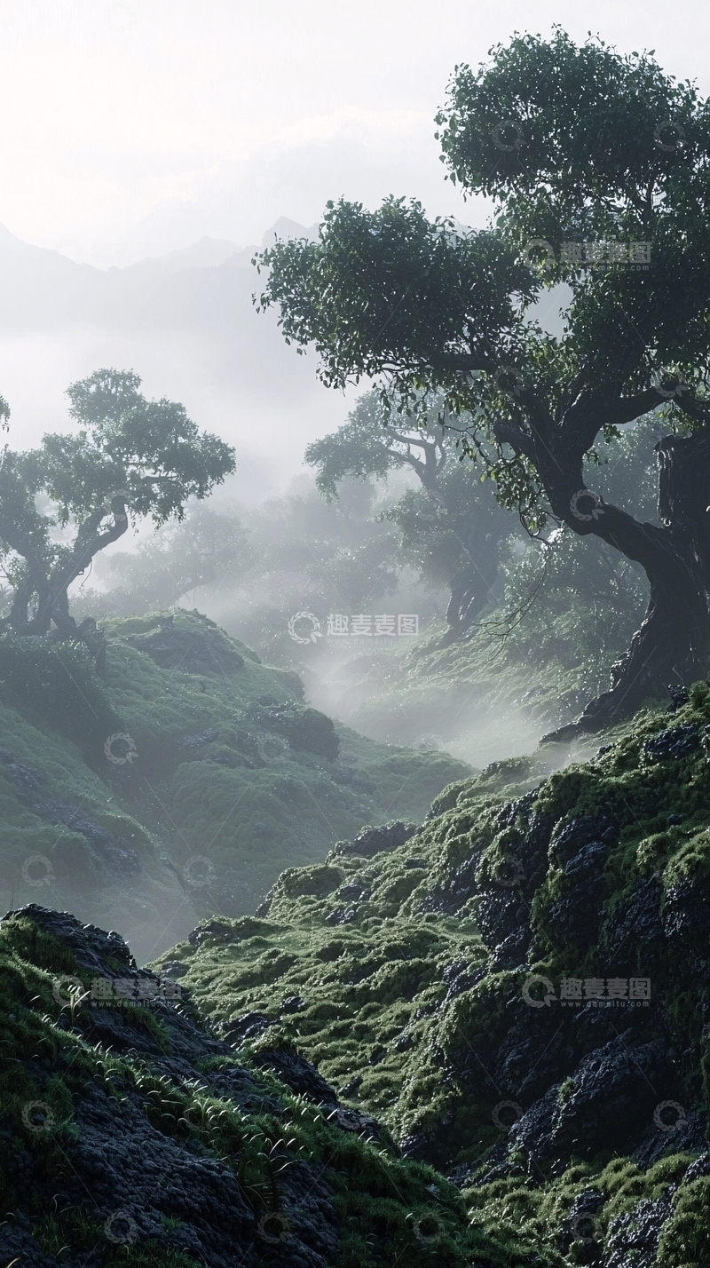 高清大图下载【趣麦麦图】雾气弥漫的山谷树林