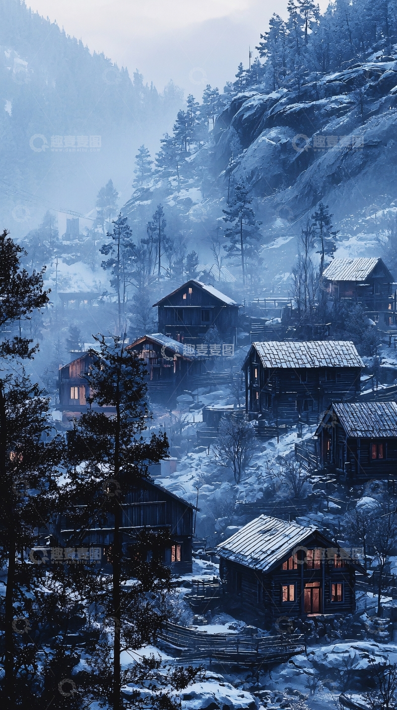 高清大图下载【趣麦麦图】雪山村庄夜景