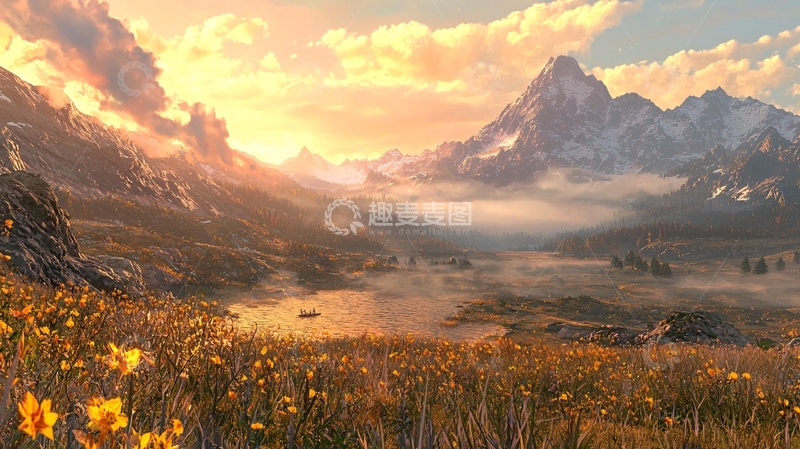 高清大图下载【趣麦麦图】金色花海日落雪山