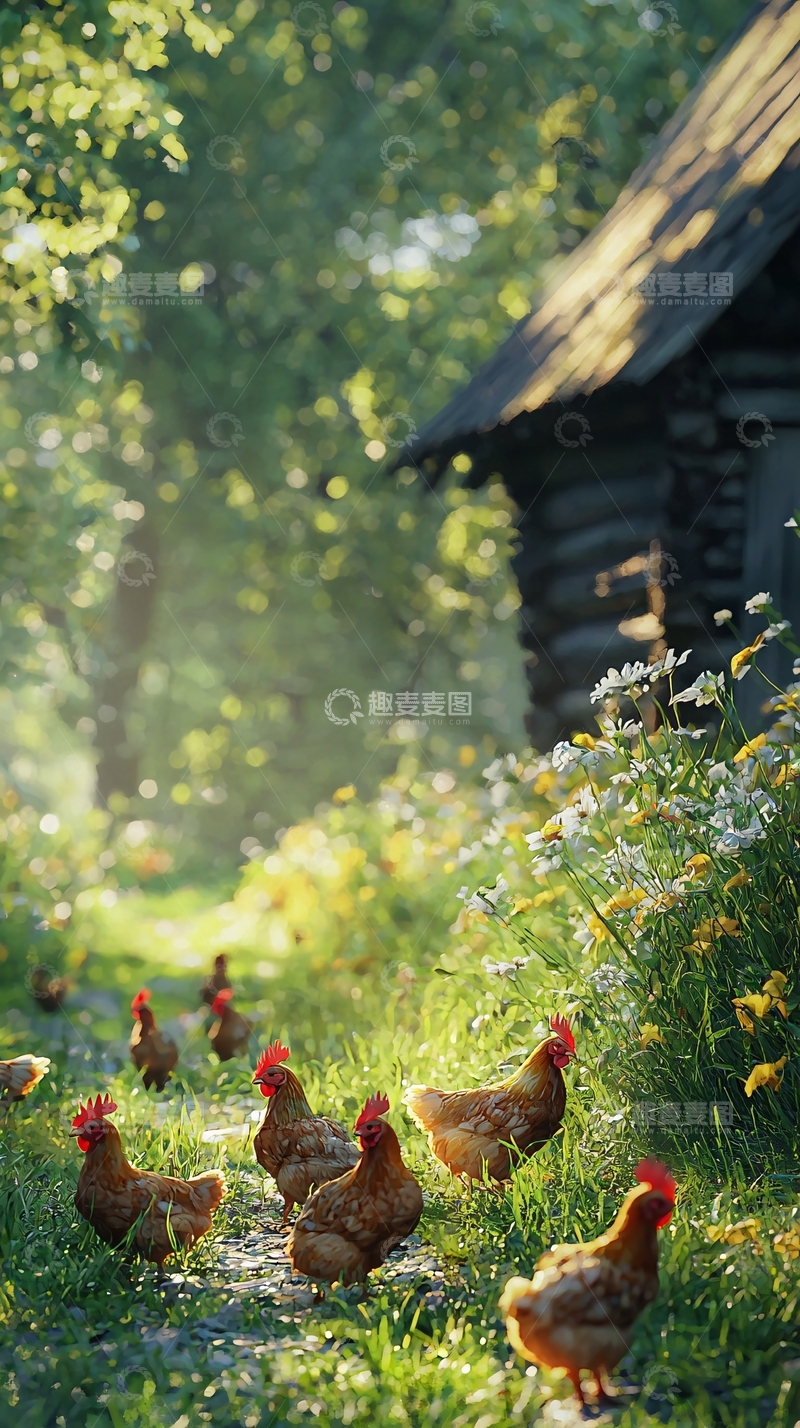 高清大图下载【趣麦麦图】阳光下乡间小路上的鸡群