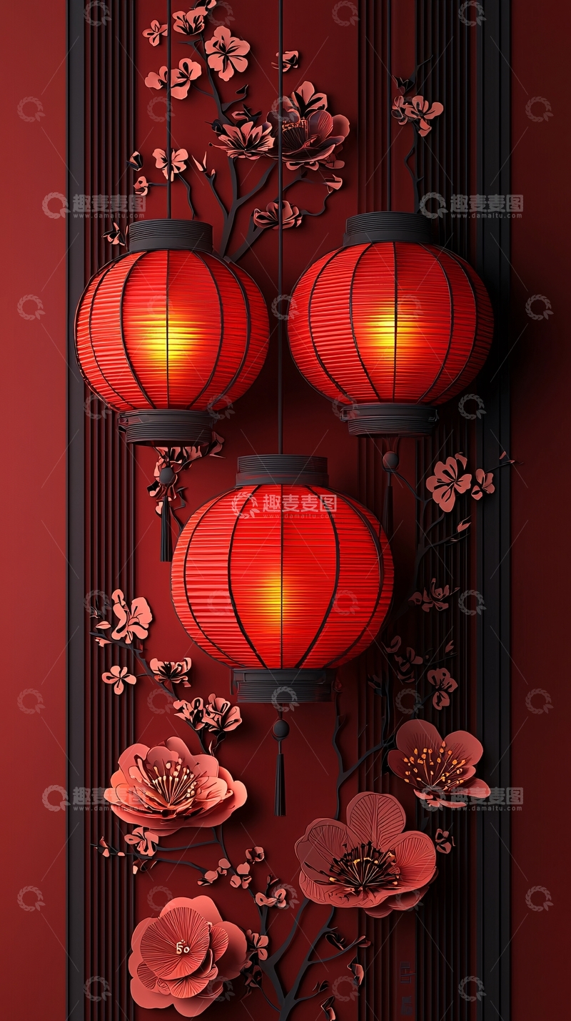 高清大图下载【趣麦麦图】喜庆灯笼与花卉的中国风背景