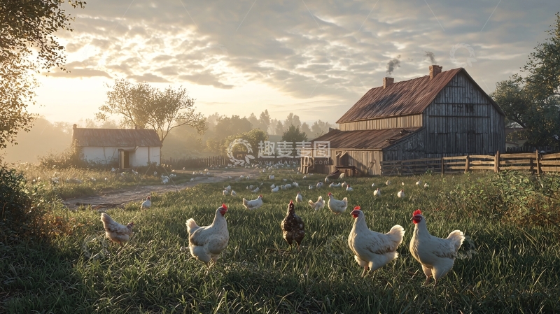 高清大图下载【趣麦麦图】清晨农场鸡群