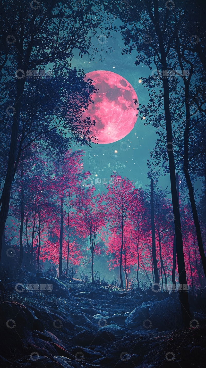 高清大图下载【趣麦麦图】粉色月亮森林