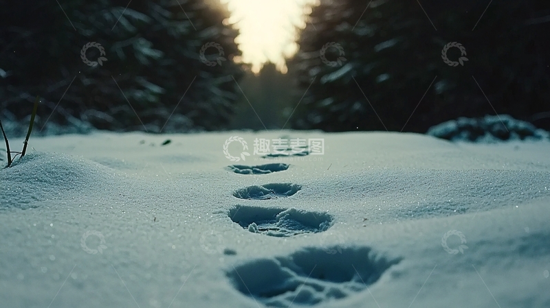 高清大图下载【趣麦麦图】雪地里的脚印