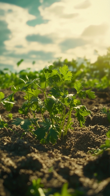 阳光下田间生长的香菜