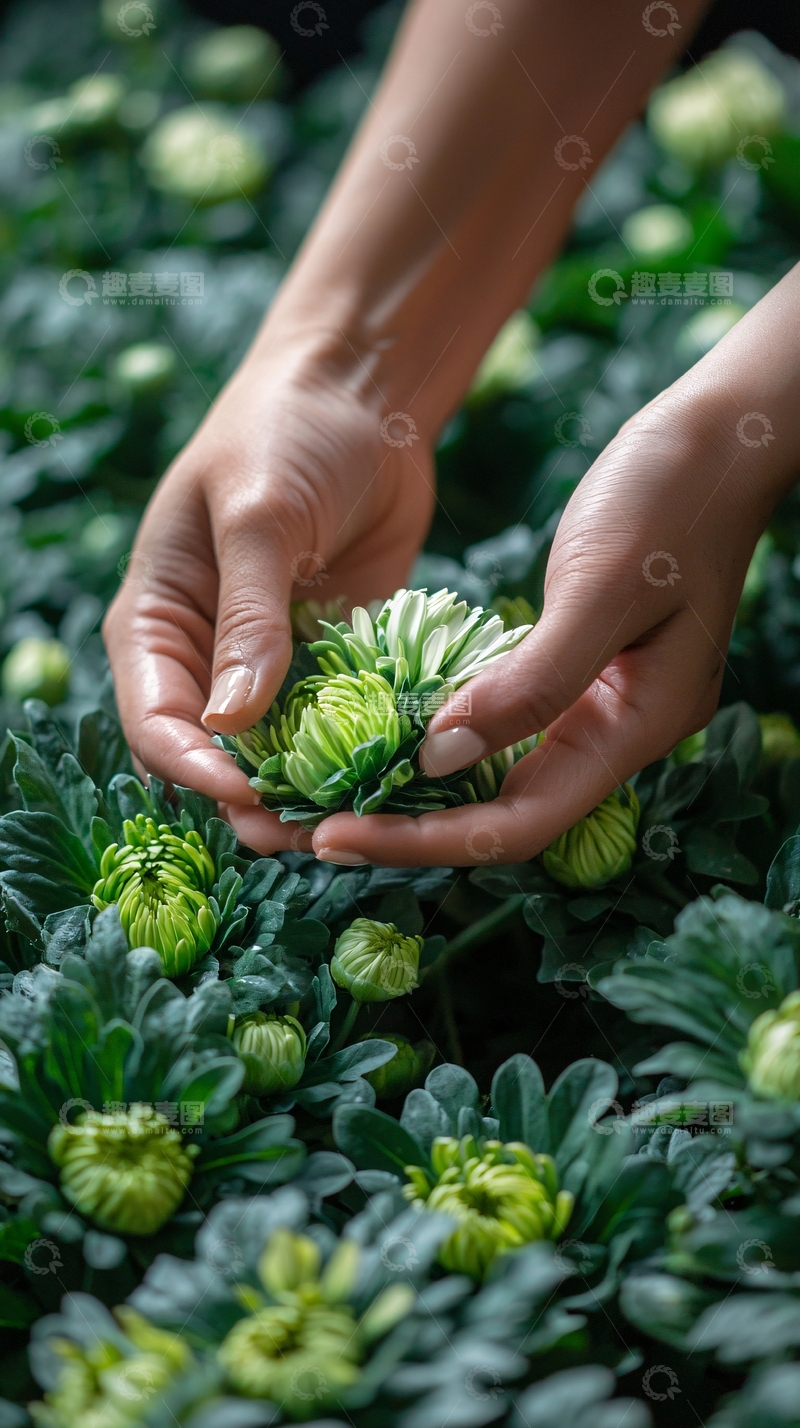 高清大图下载【趣麦麦图】双手捧着绿色花朵