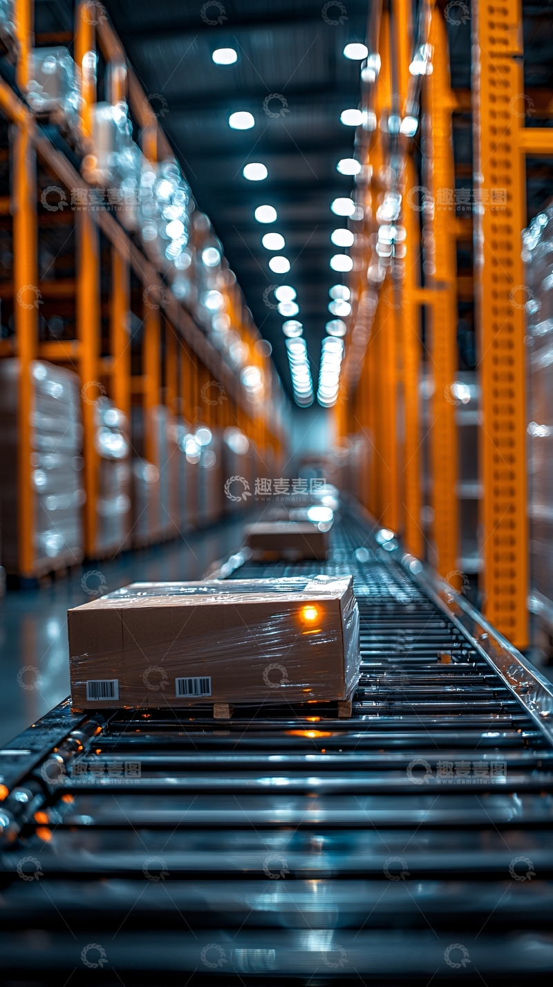 高清大图下载【趣麦麦图】仓库传送带上的纸箱