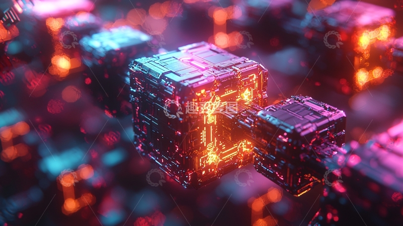 高清大图下载【趣麦麦图】发光的赛博朋克金属方块链