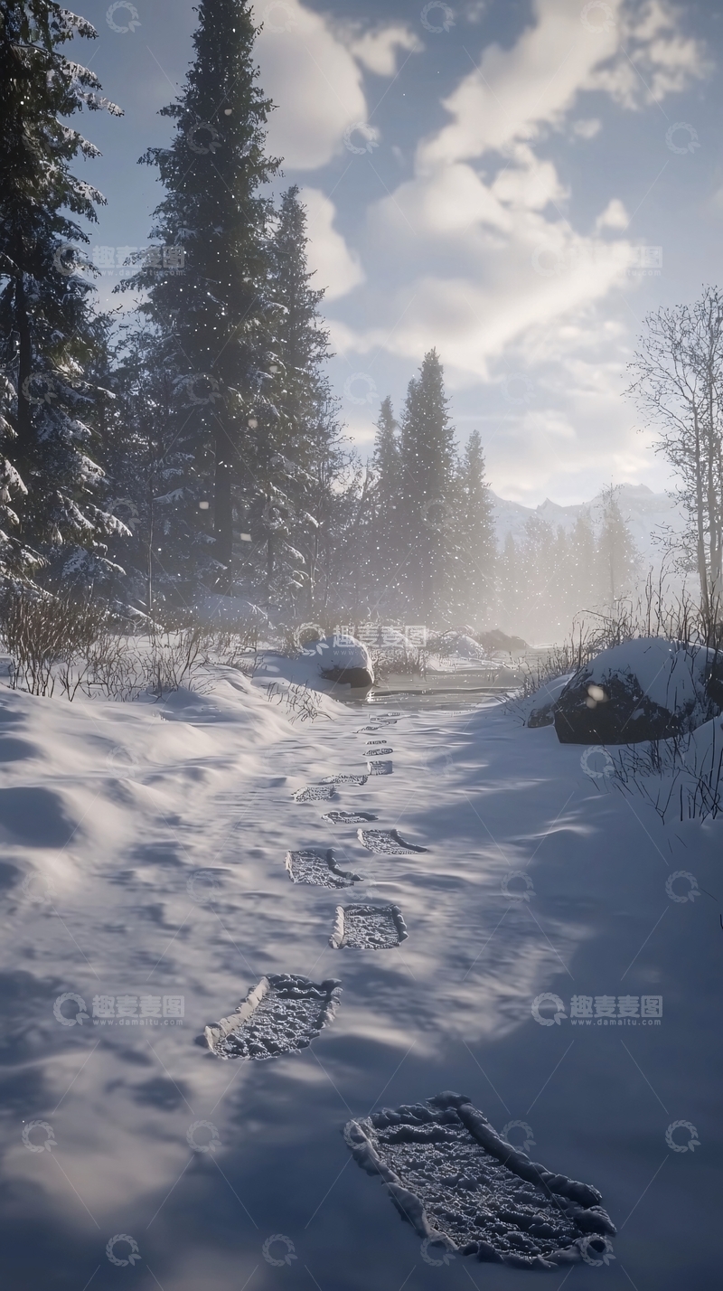 高清大图下载【趣麦麦图】雪地里的脚印