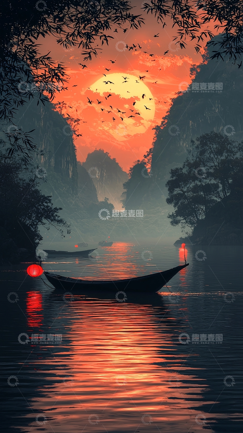高清大图下载【趣麦麦图】红日山川间小舟
